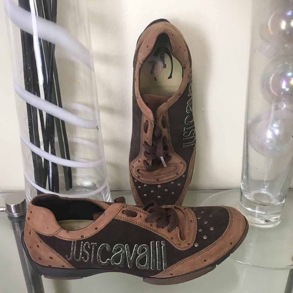 JUST CAVALLI Suede Leather Sneakers Logo Nubuck Running Shoes Low Top Laces Tan